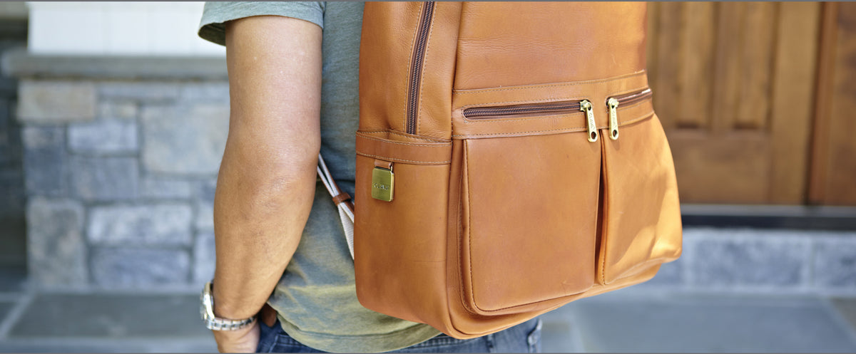clava brown leather drawstring backpack Canvas - TALLINN Has six exterior zipper pockets Womens Premium Brown Leather Drawstring